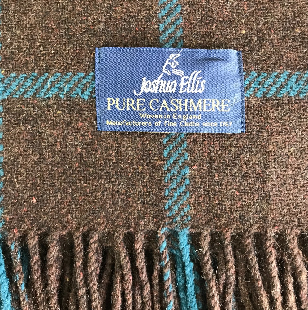 Joshua Ellis Cashmere Chocolate and Teal Windowpane Check Throw